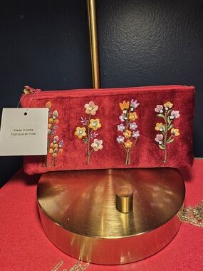 Title: Embroidered Floral Velvet Cosmetic Pouch / Makeup Bag – New